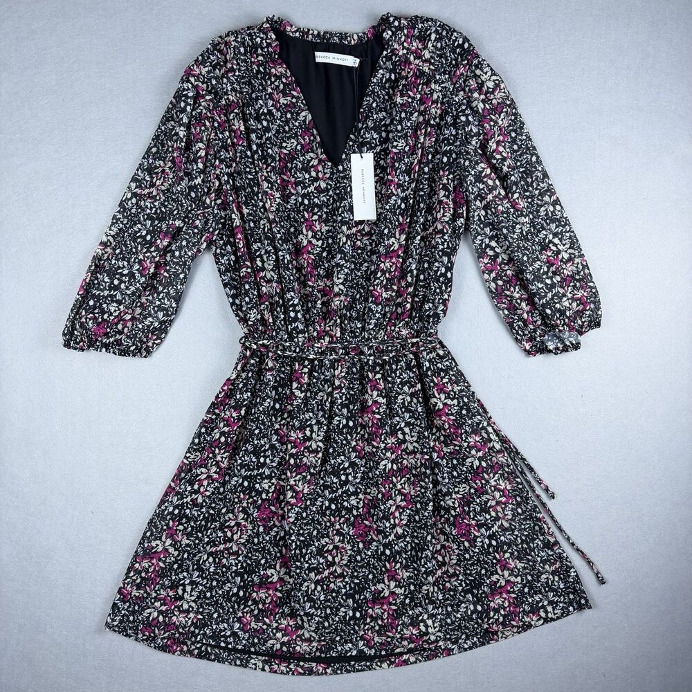Rebecca Minkoff Dress Womens Medium Black Pink Floral V Neck Tie Waist Mini NWT